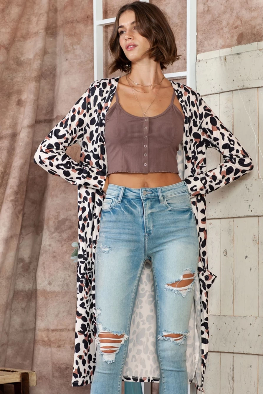 Women's Leopard Print Open Front Duster Cardigan with Side Pockets - Shewin