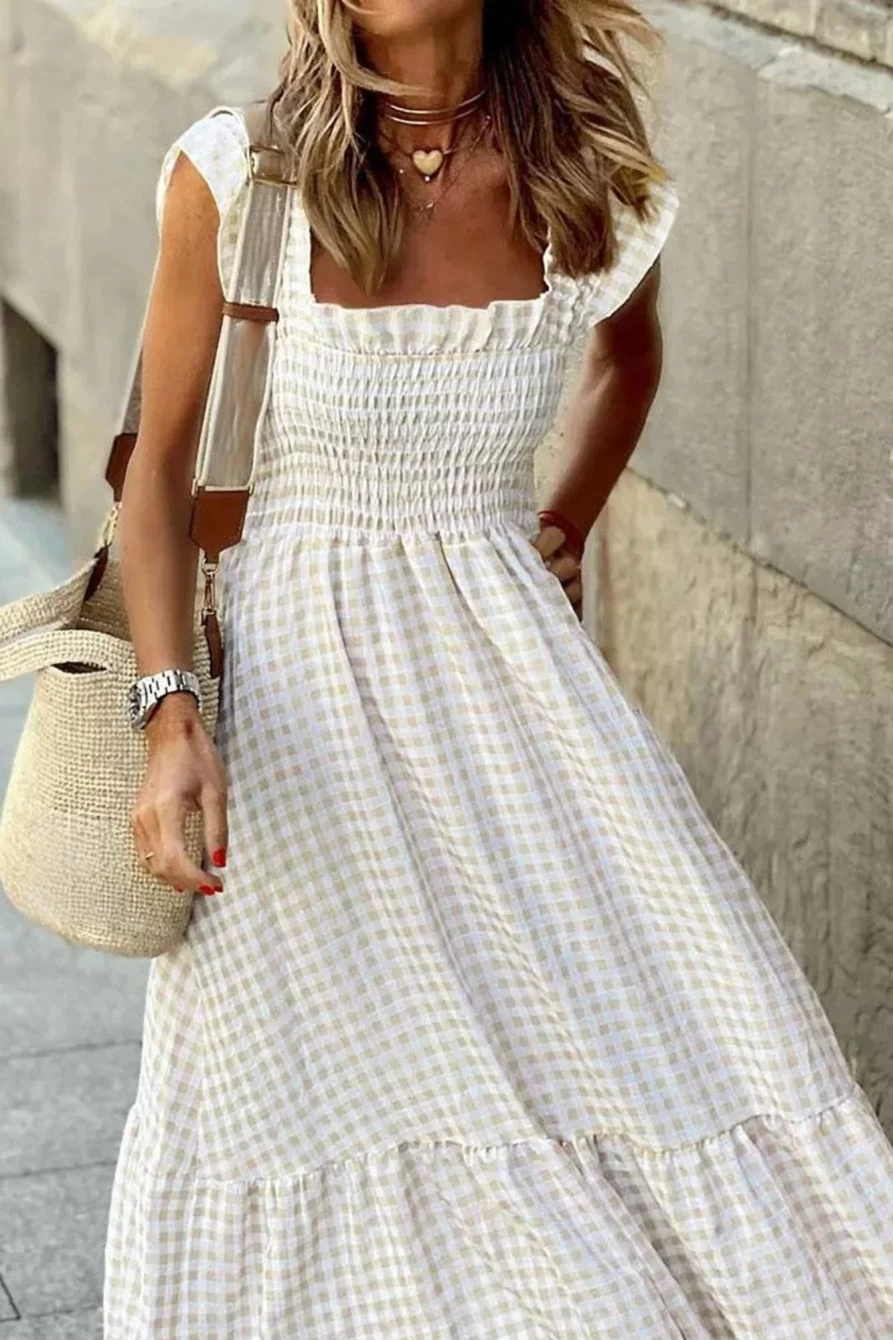 Shewin Women's Khaki Plaid Smocked Maxi Dress with Ruffled Sleeveless Design