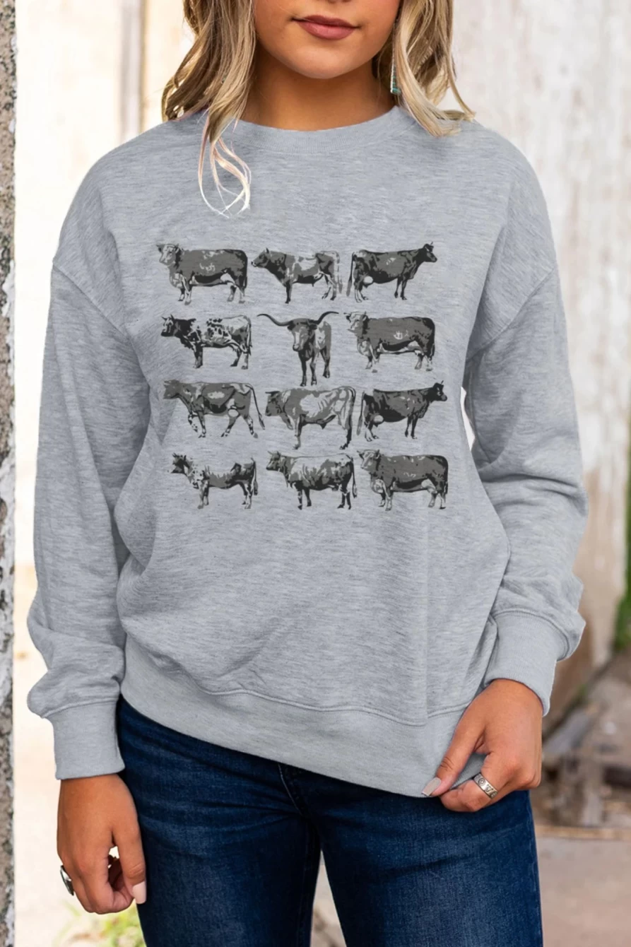 Shewin Women's Gray Bull Print Long Sleeve Graphic Sweatshirt