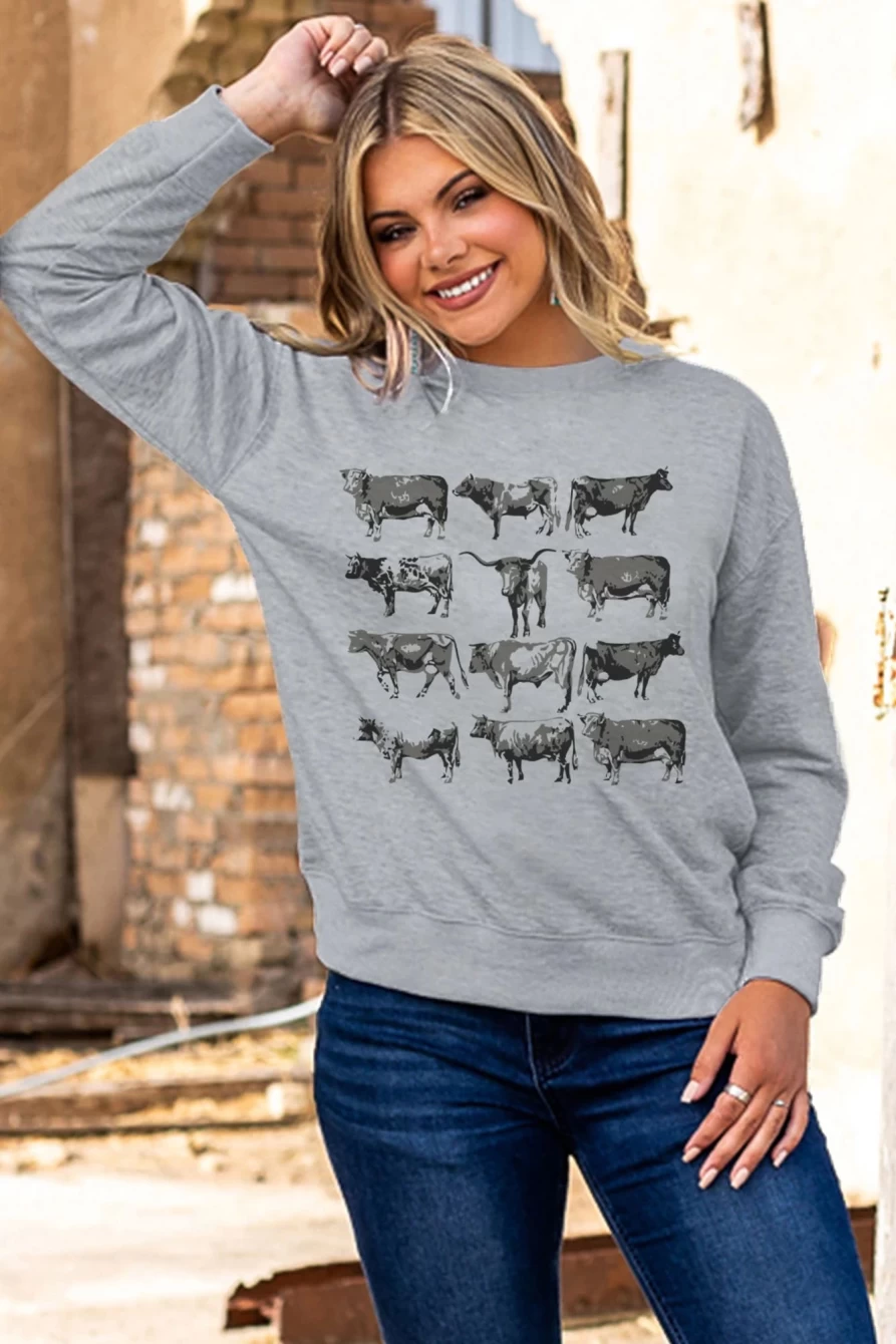 Shewin Women's Gray Bull Print Long Sleeve Graphic Sweatshirt