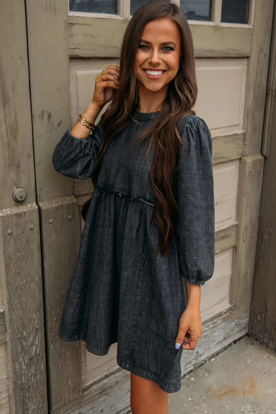 Shewin Women's Black High Waist Denim Dress with Balloon Sleeves
