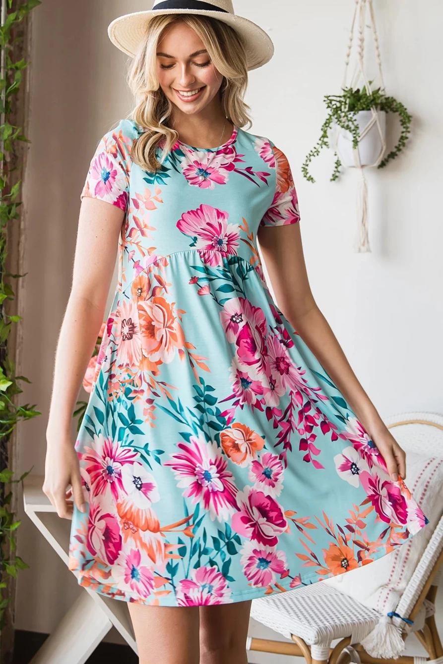 Shewin Women's Sky Blue Floral High Waist Casual Short Dress