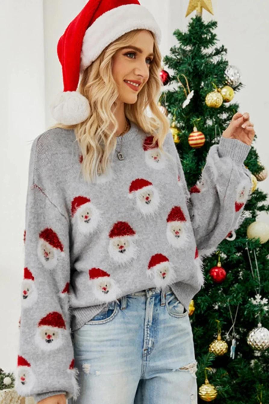 Shewin Women's Gray Santa Claus Christmas Pullover Sweater Holiday Cozy Knit Top