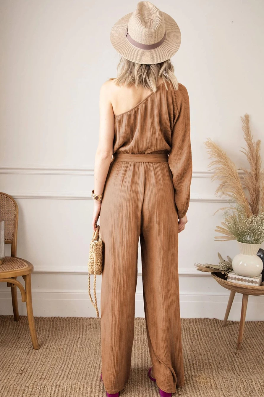Shewin Women's Khaki Crinkled Texture One Shoulder Loose Jumpsuit - Elegant Casual Romper