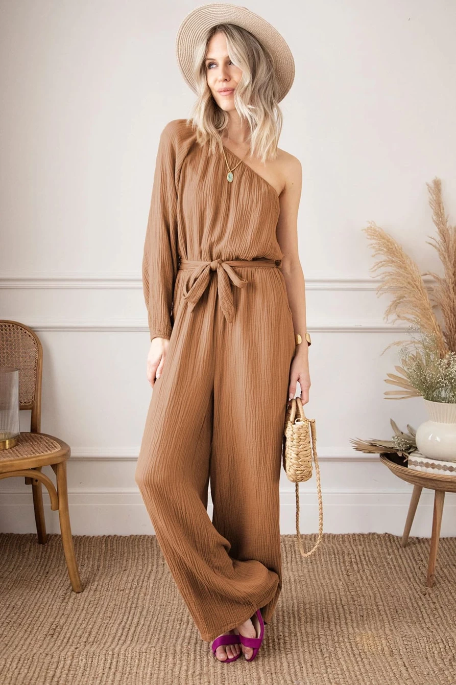 Shewin Women's Khaki Crinkled Texture One Shoulder Loose Jumpsuit - Elegant Casual Romper