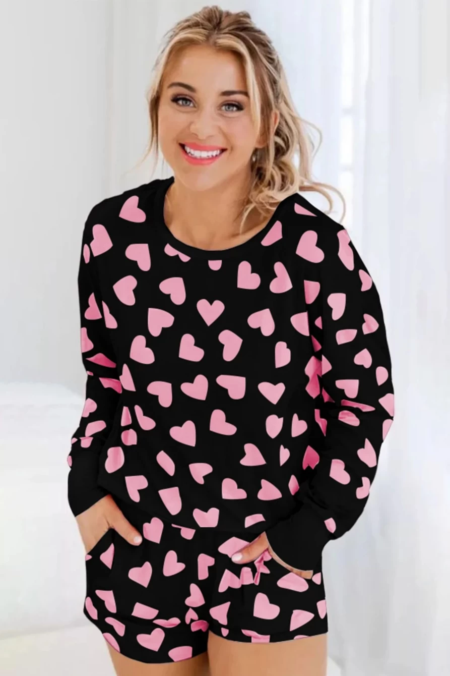 "Shewin Women's Black Heart Print Long Sleeve Lounge Set with Matching Shorts"