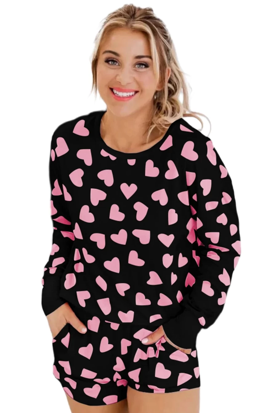 "Shewin Women's Black Heart Print Long Sleeve Lounge Set with Matching Shorts"