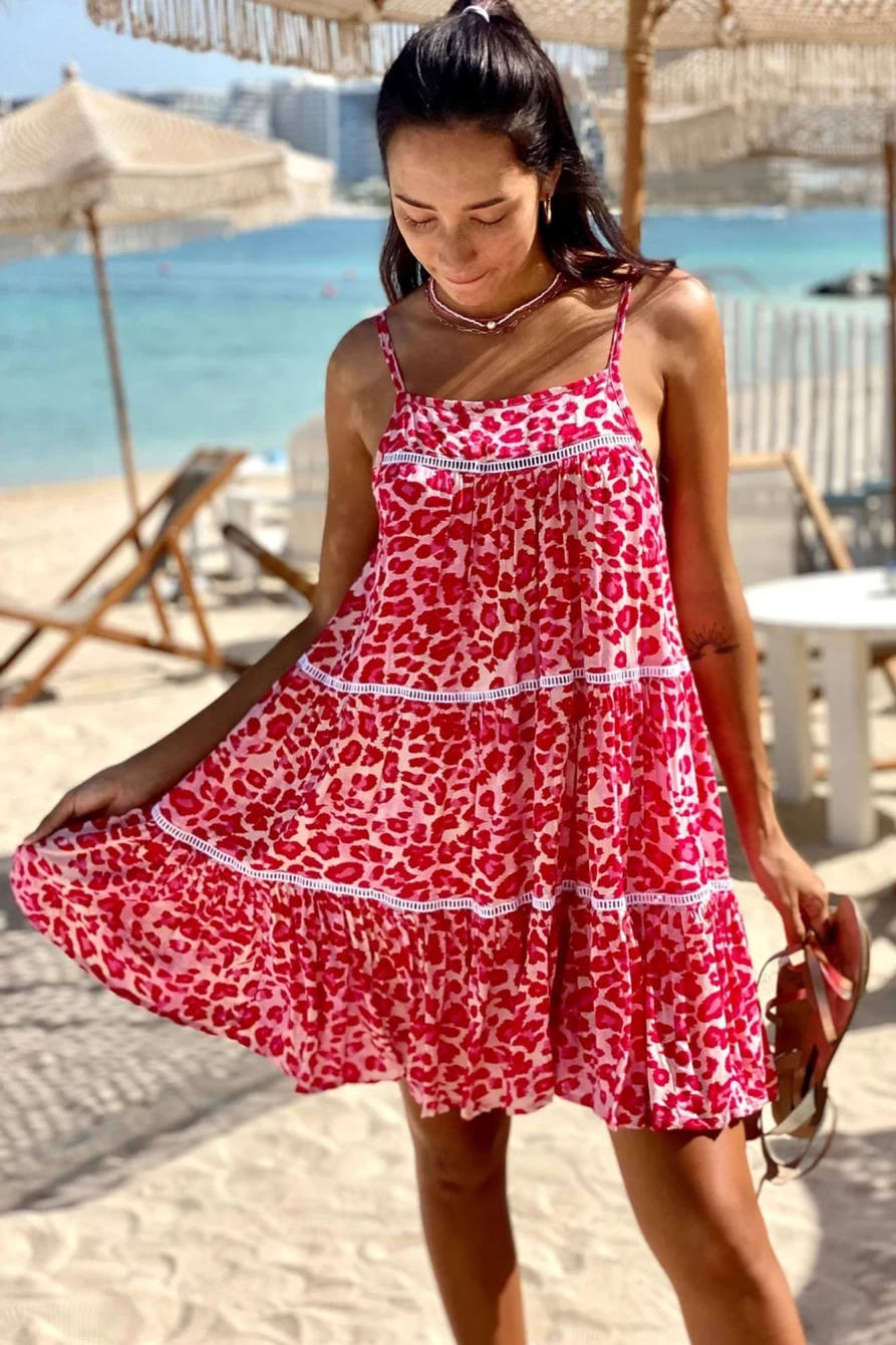 Shewin Women's Rose Leopard Print Flared Mini Sundress with Lace Trim