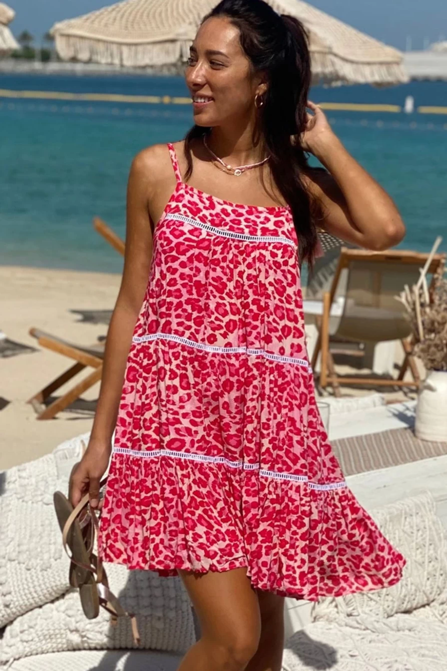 Shewin Women's Rose Leopard Print Flared Mini Sundress with Lace Trim