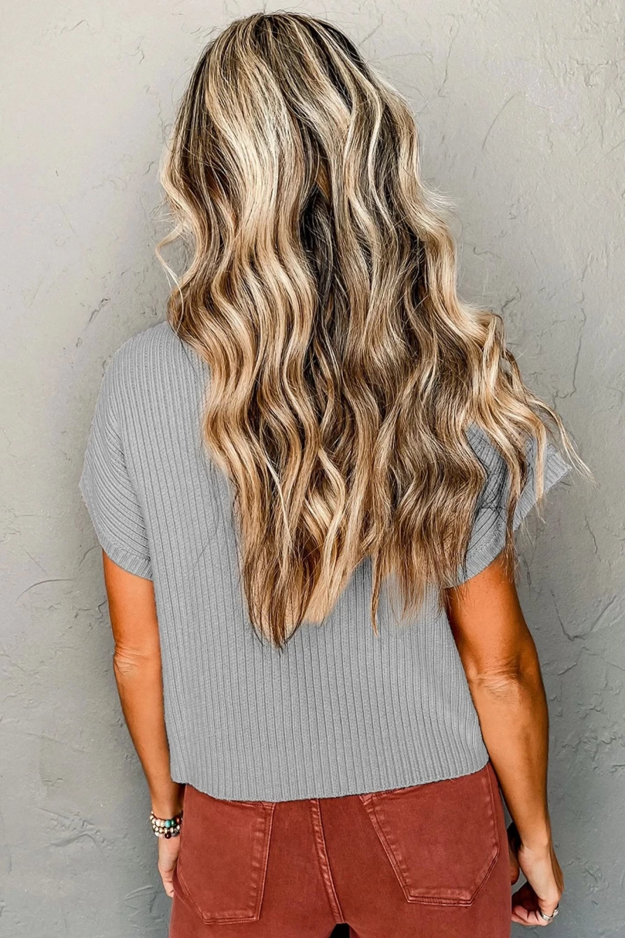 Women's Gray Ribbed Knit Sweater with Patch Pockets - Short Sleeve Pullover | Shewin