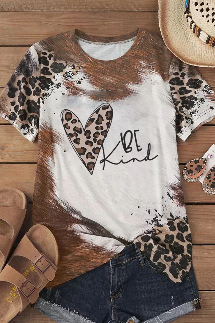 "SheWin Women's Chestnut Leopard Heart Print Crewneck T-Shirt | Be Kind Graphic Tee"