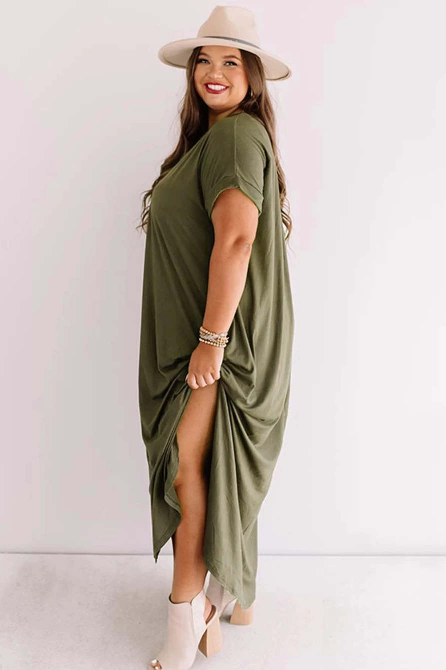 Shewin Women's Plus Size Green V-Neck Rolled Cuffs Maxi Dress