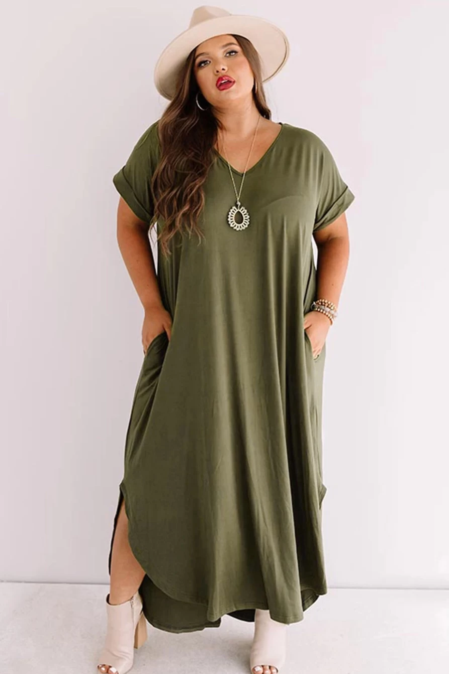 Shewin Women's Plus Size Green V-Neck Rolled Cuffs Maxi Dress