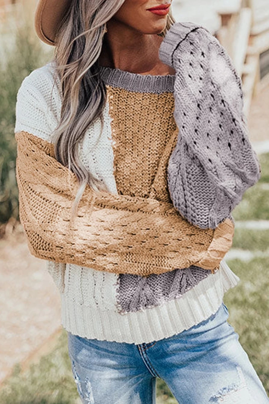 "Shewin Women's Brown Colorblock Sweater - Mixed Texture Casual Pullover"