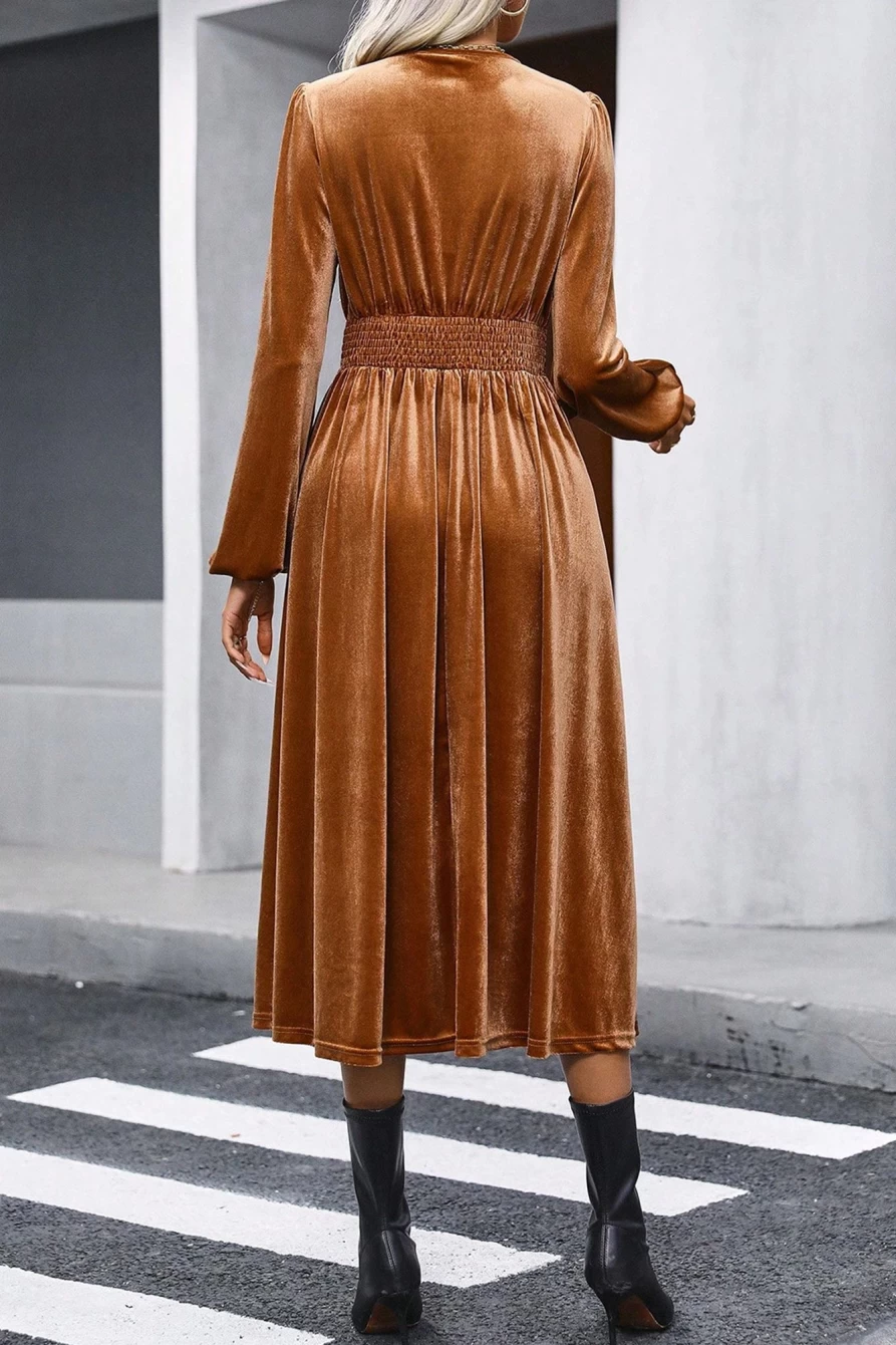 Shewin Women's Camel Velvet Wrap Dress V Neck Smocked High Waist Midi Dress