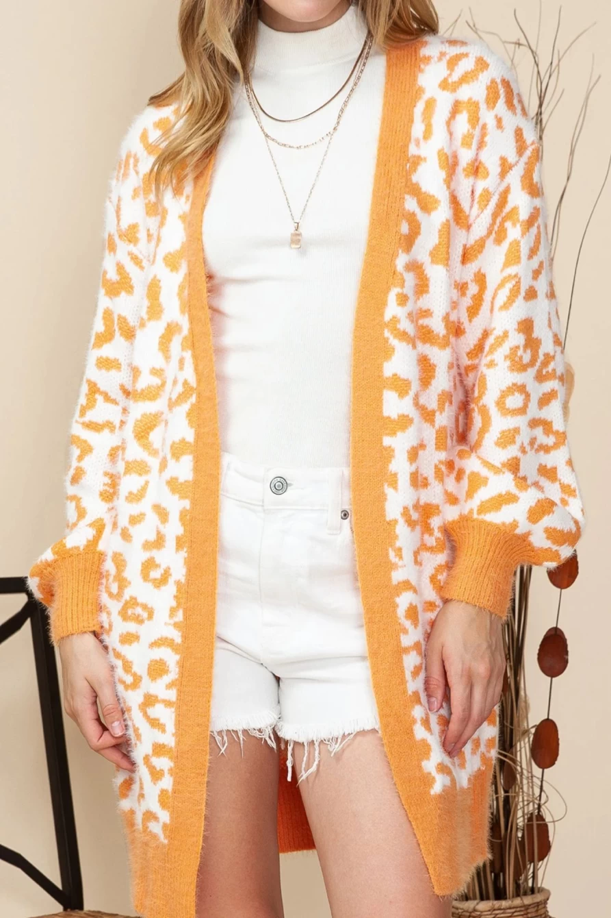 Shewin Women's Apricot Leopard Print Mohair Long Cardigan Open Front Sweater