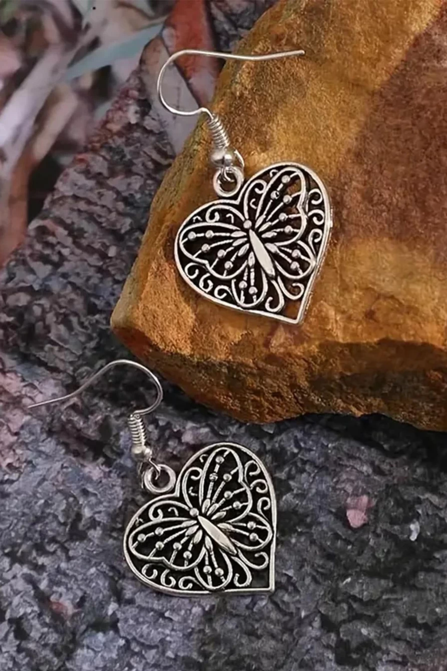 Shewin Women's Retro Hollowed Butterfly Heart Pendant Earrings in Silvery