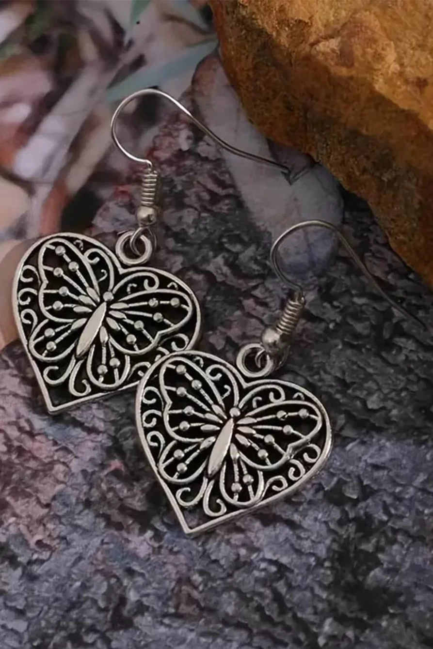 Shewin Women's Retro Hollowed Butterfly Heart Pendant Earrings in Silvery