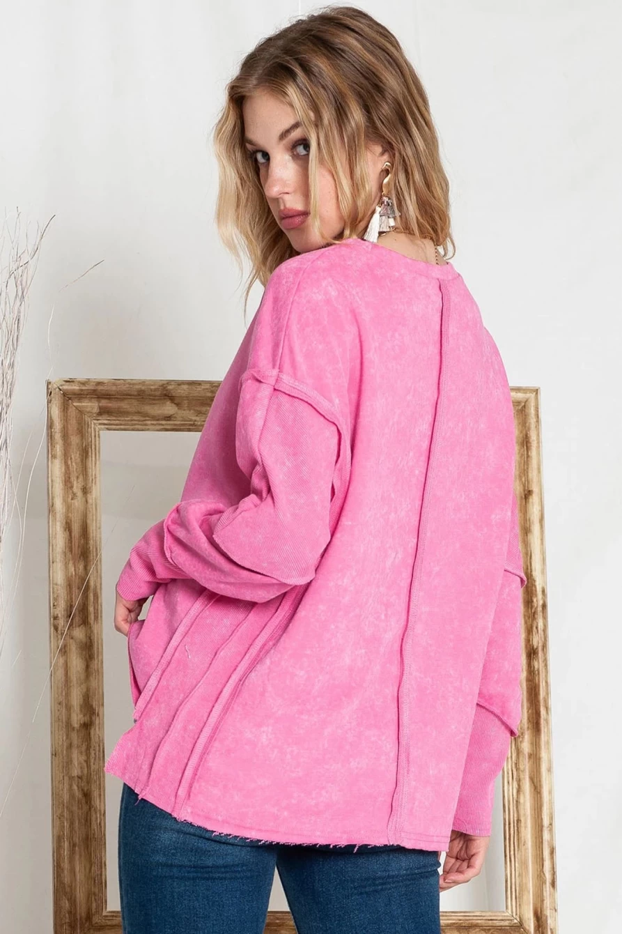 Shewin Women's Rose Patchwork Long Sleeve Distressed Sweatshirt Pullover