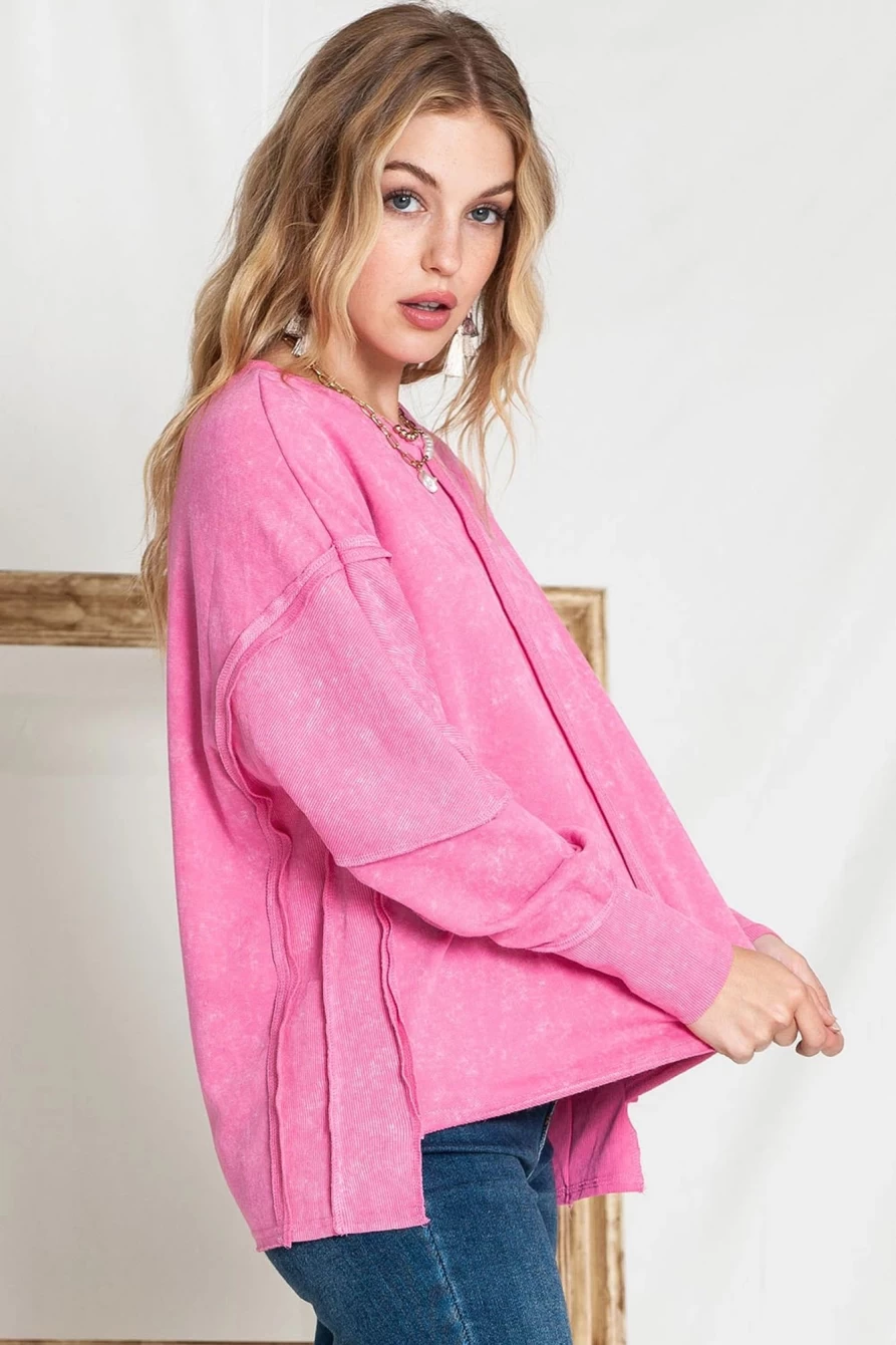 Shewin Women's Rose Patchwork Long Sleeve Distressed Sweatshirt Pullover