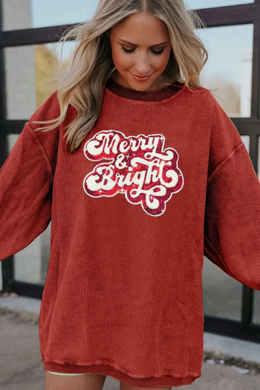 Shewin Women's Racing Red Sequin Ribbed Christmas Graphic Sweatshirt - Merry & Bright Holiday Pullover