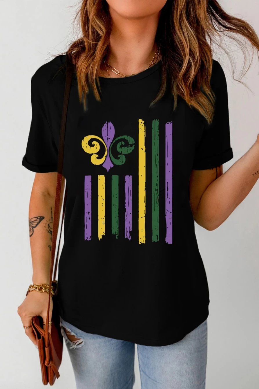 Shewin Women's Black Mardi Gras Graphic Print Crew Neck T-Shirt