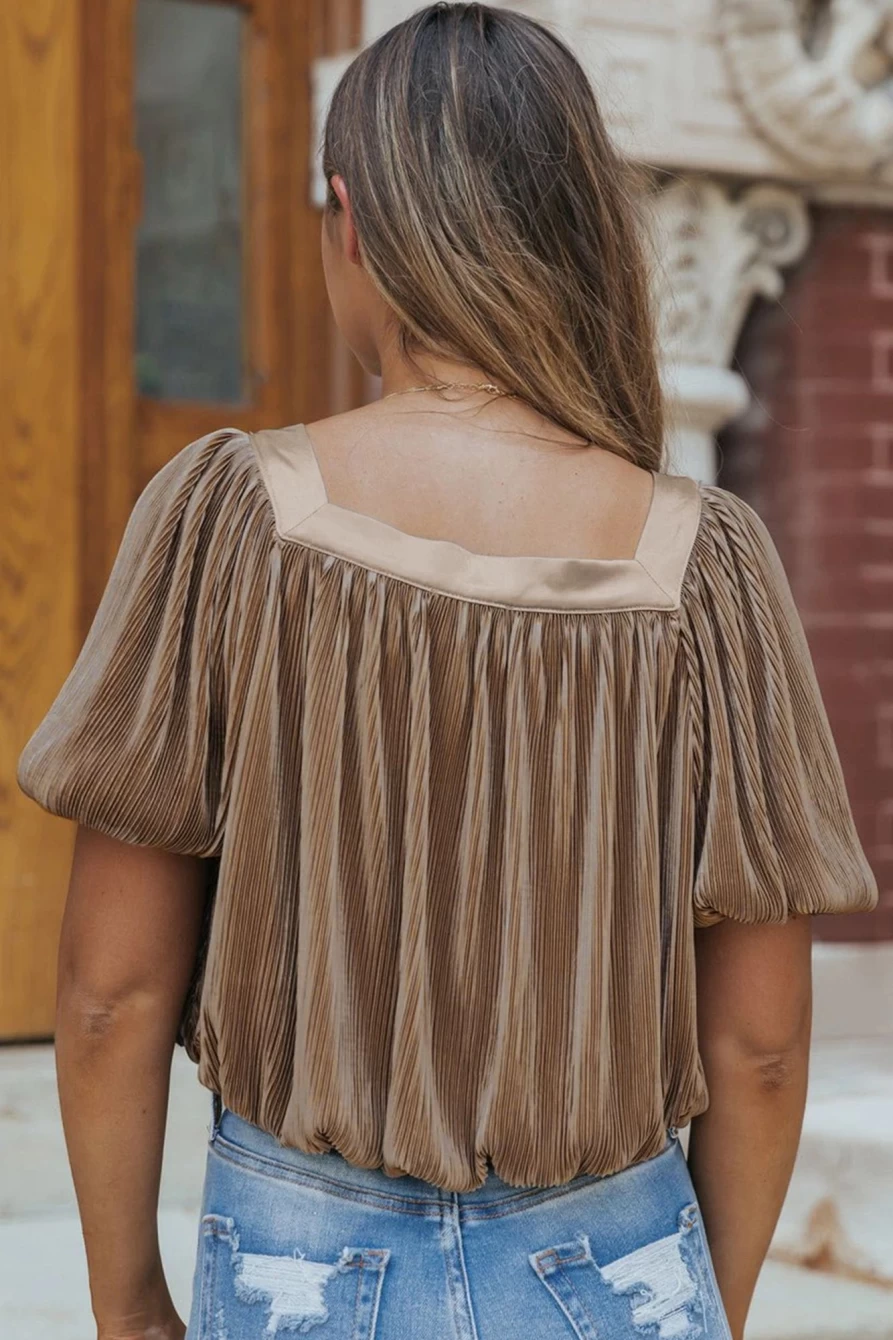 Shewin Women's Simply Taupe Pleated Blouse with Lantern Sleeves & Square Neck