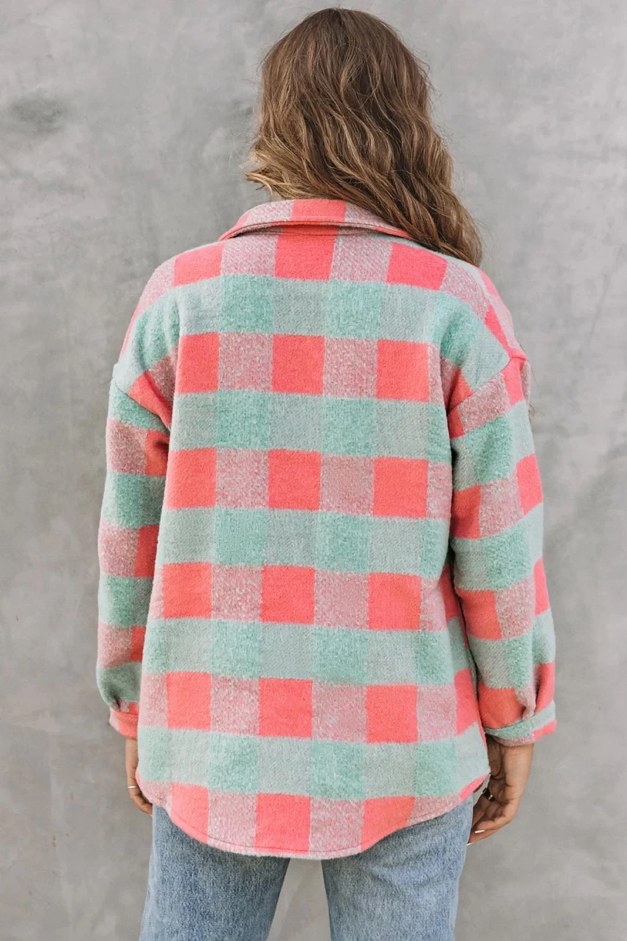 Shewin Women's Pink Oversized Plaid Colorblock Casual Jacket