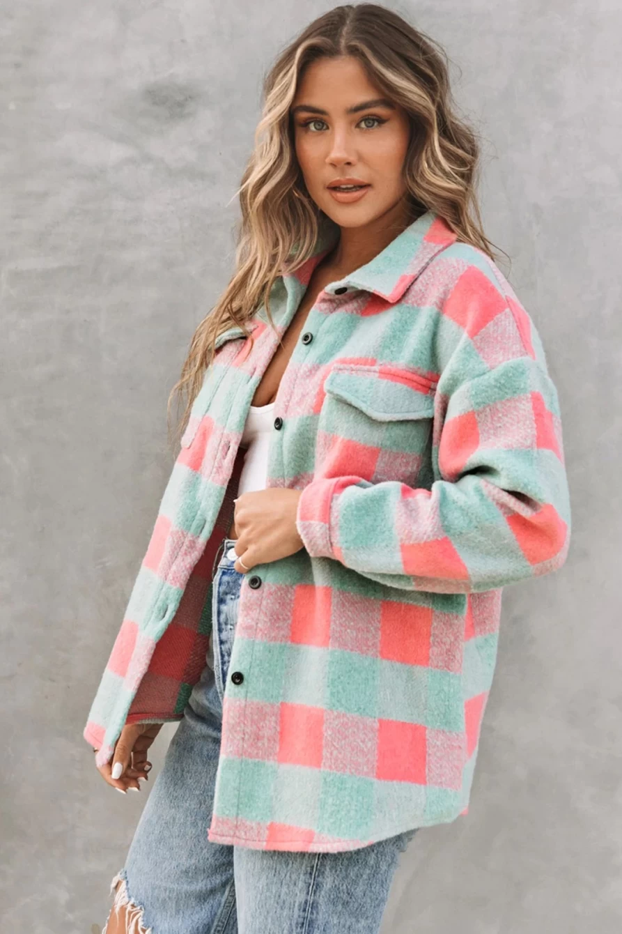Shewin Women's Pink Oversized Plaid Colorblock Casual Jacket