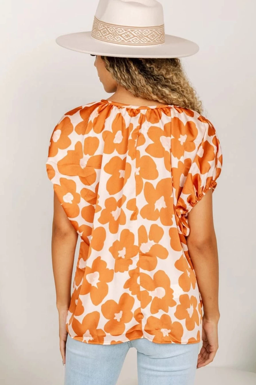 Shewin Women's Orange Satin Floral V-Neck Blouse - Elegant Feminine Top