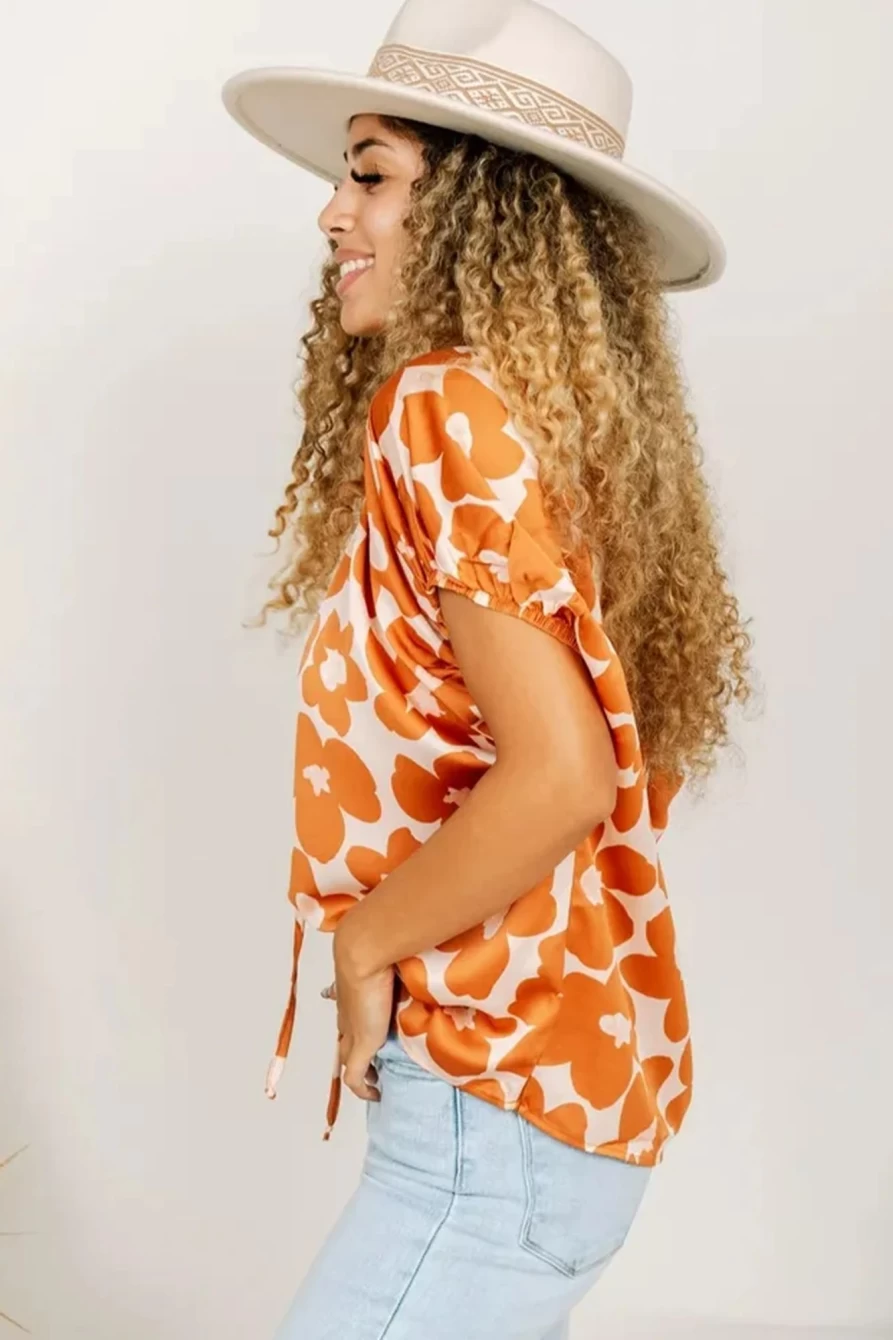 Shewin Women's Orange Satin Floral V-Neck Blouse - Elegant Feminine Top