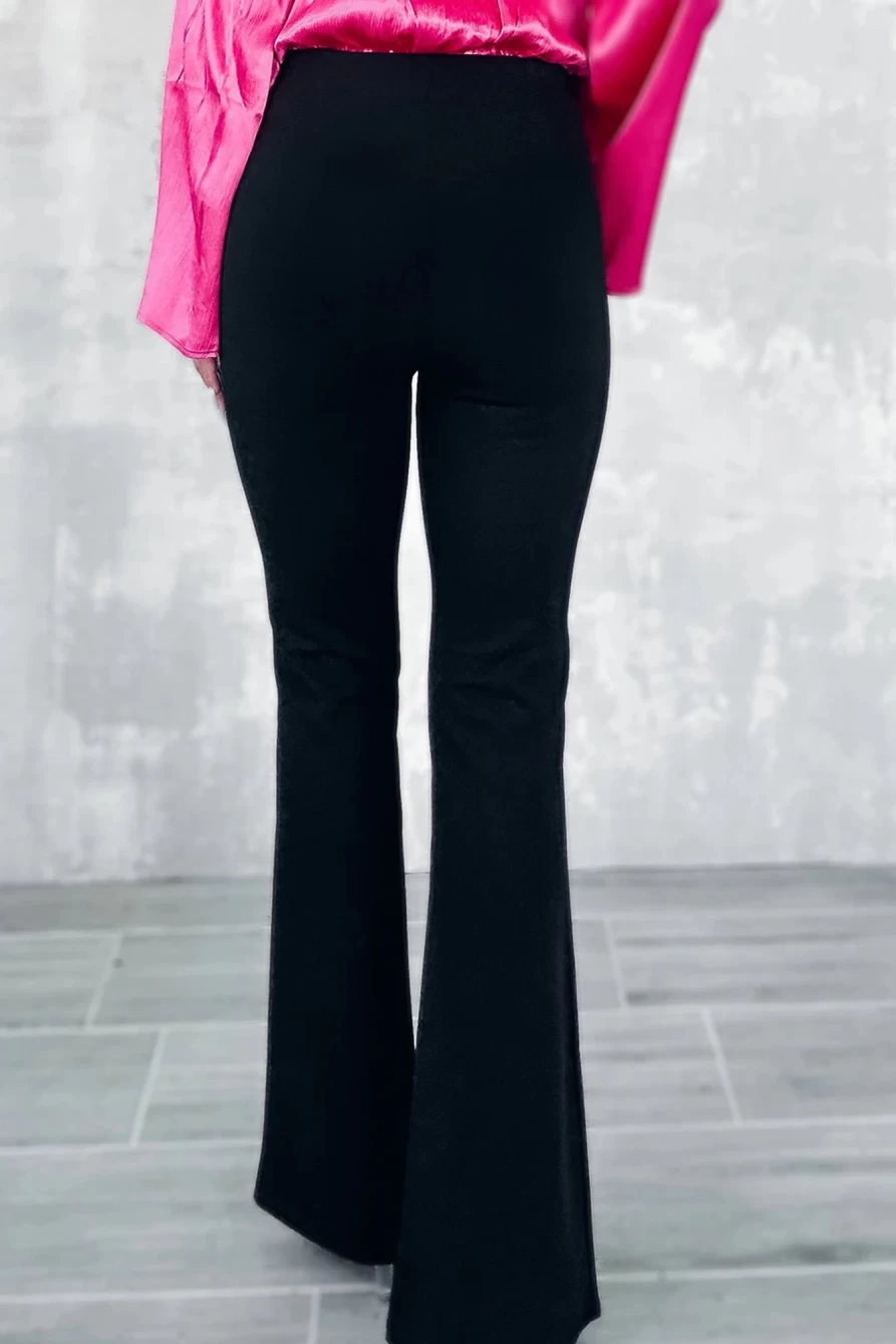 Shewin Women's Black High Waist Flare Pants - Split Front Detail Plain Design