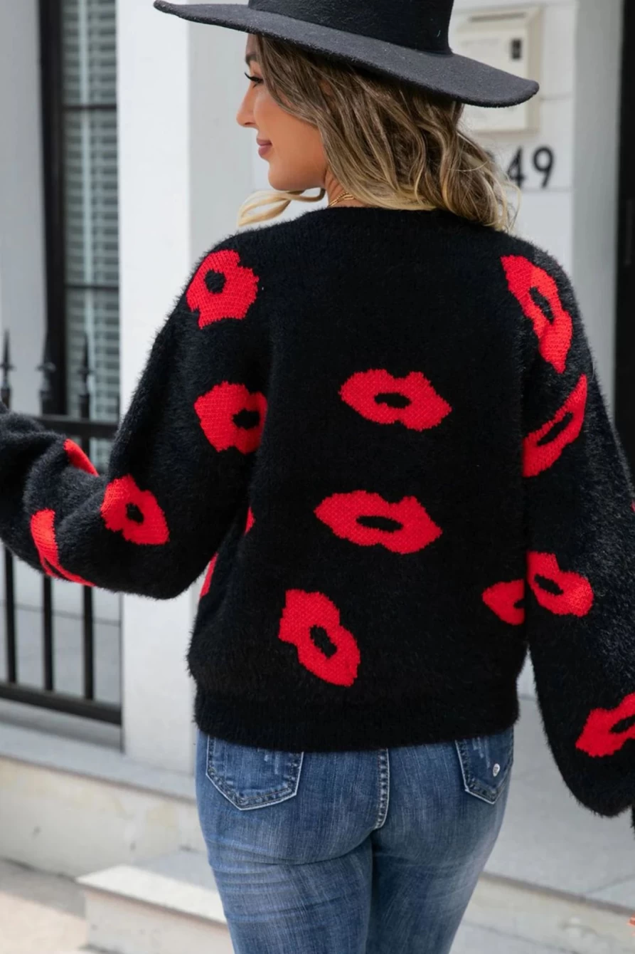 Shewin Women's Black Fuzzy Valentine's Day Kisses Casual Sweater