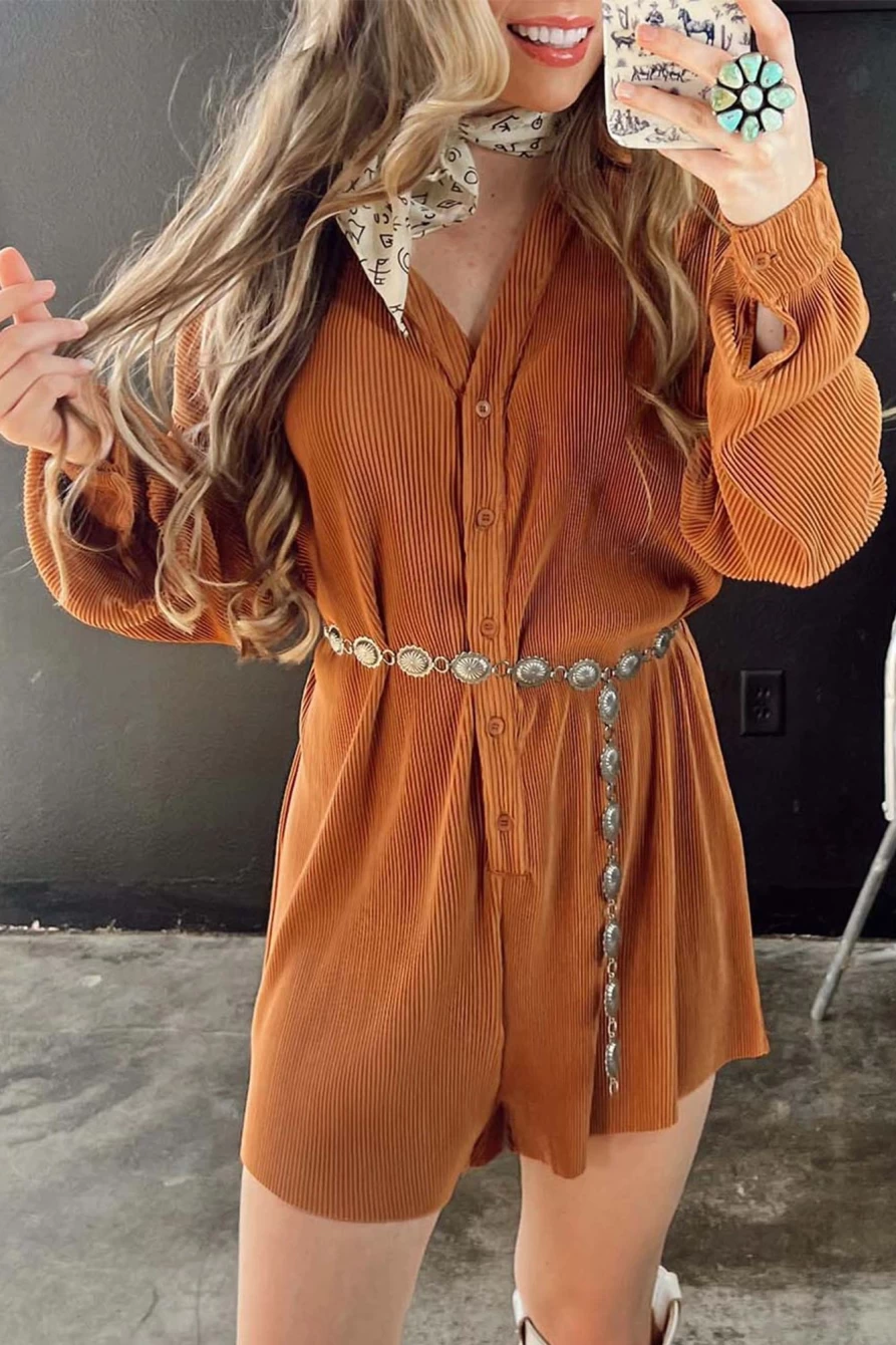 Shewin Women's Orange Ribbed Corduroy Romper with V-Neck & Button Front