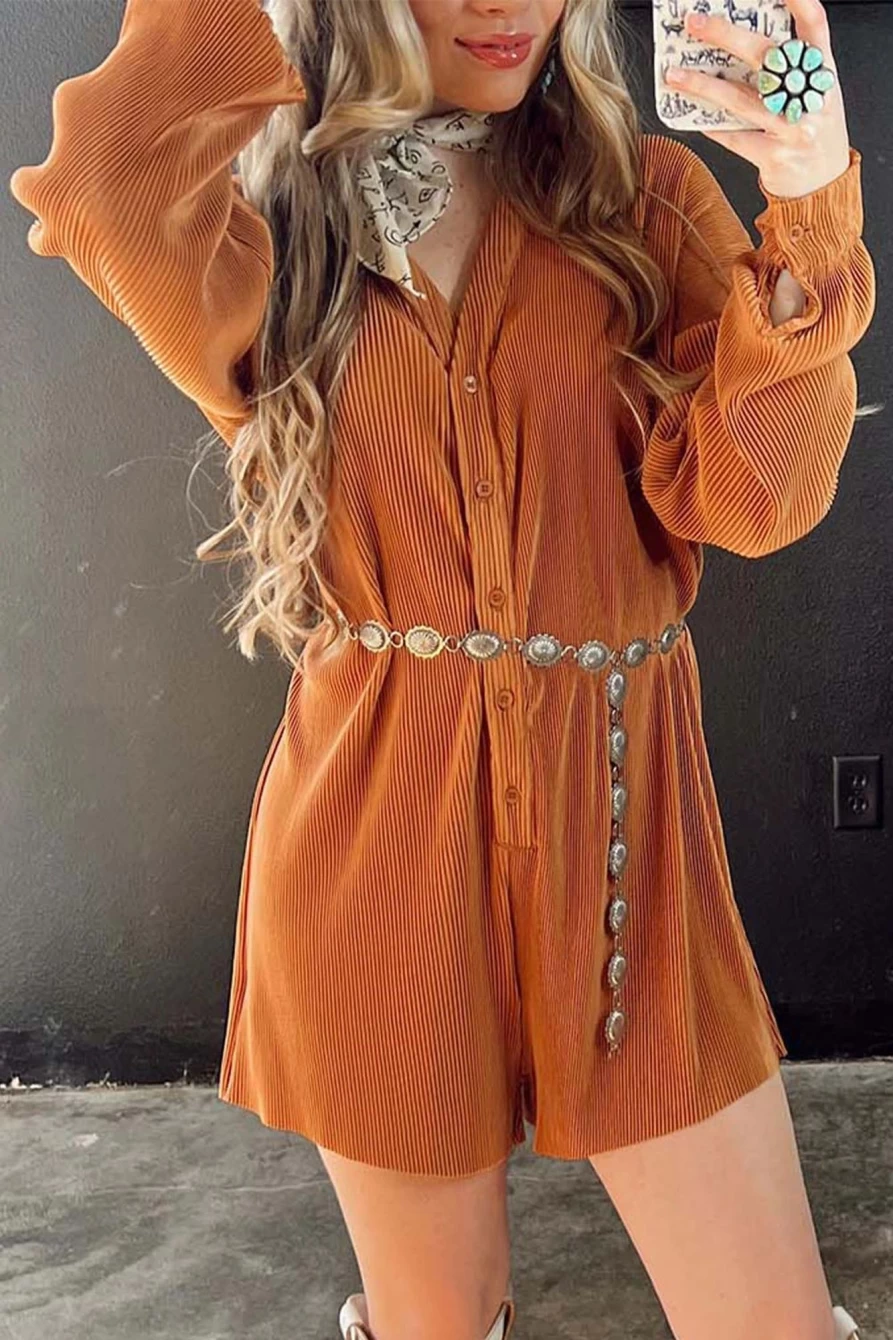 Shewin Women's Orange Ribbed Corduroy Romper with V-Neck & Button Front