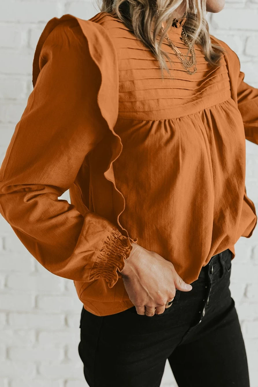 Shewin Women's Camel Ruffle Pleated Smocked Long Sleeve Blouse Solid Color Top