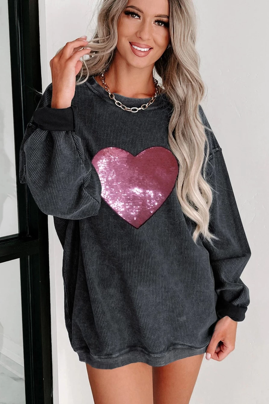 Shewin Women's Black Sequin Heart Graphic Crewneck Sweatshirt - Corded Detail Long Sleeve Top