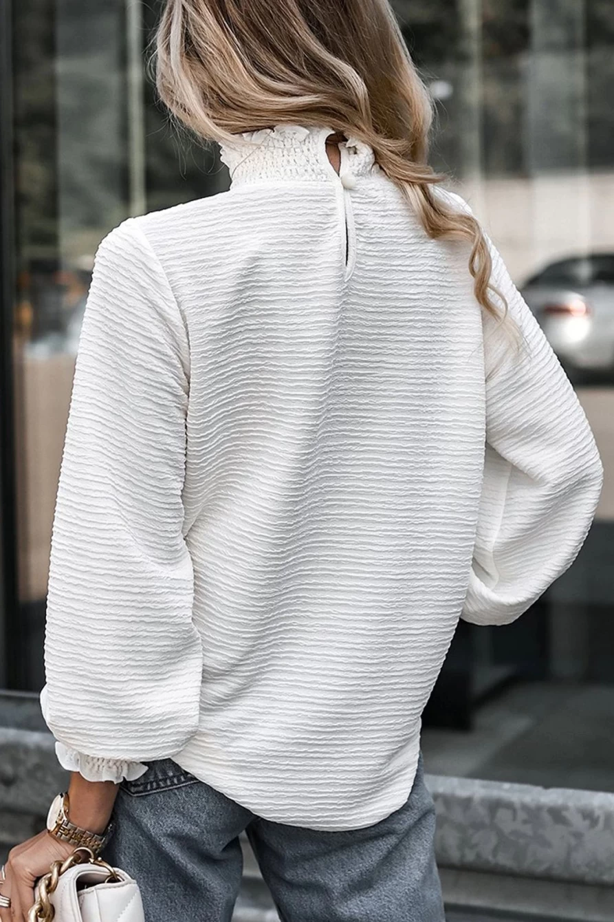 Shewin Women's White Frill Smocked Blouse with Textured Bishop Sleeves Casual Top