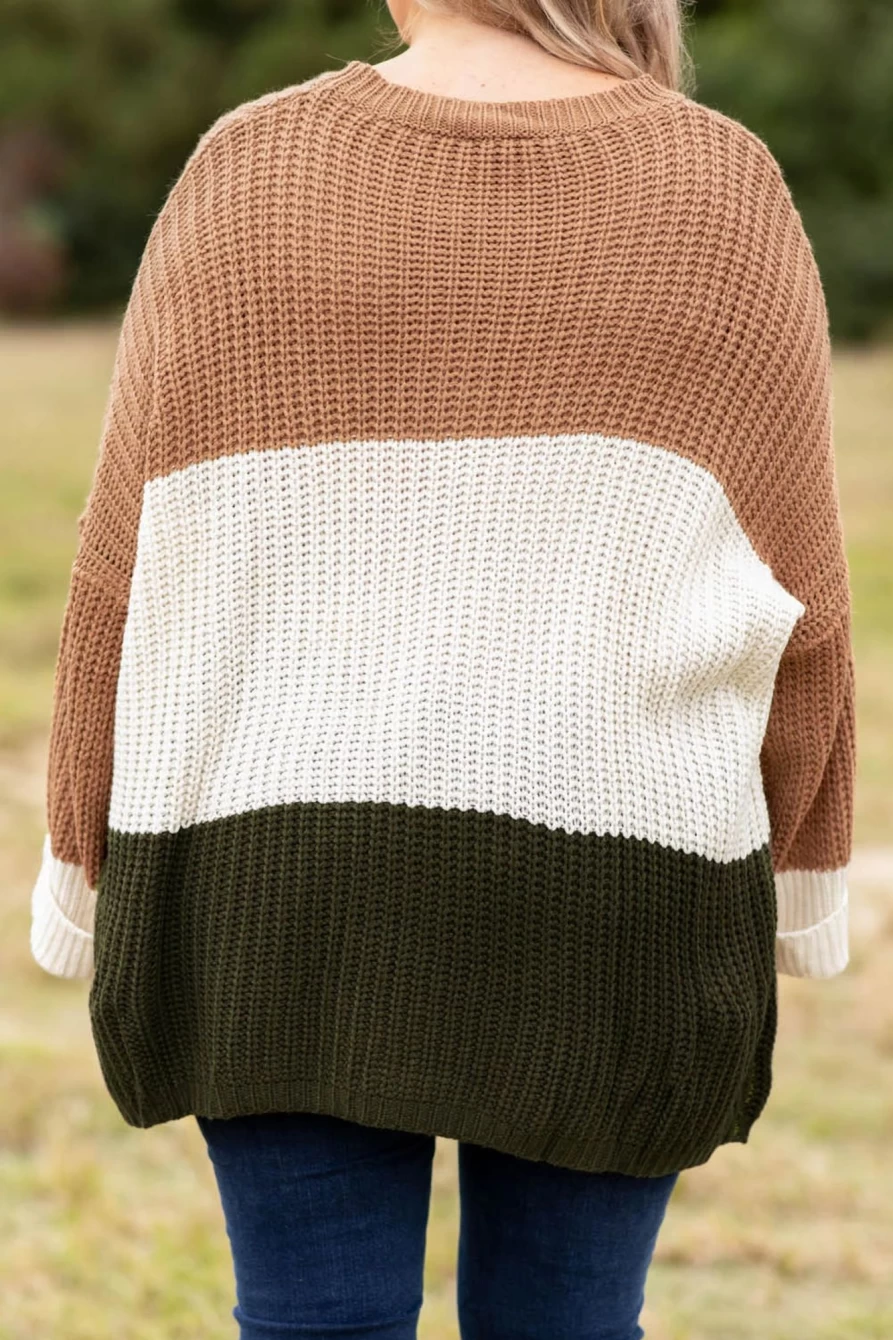 Shewin Women's Plus Size Khaki Color Block Tiered Knit Sweater