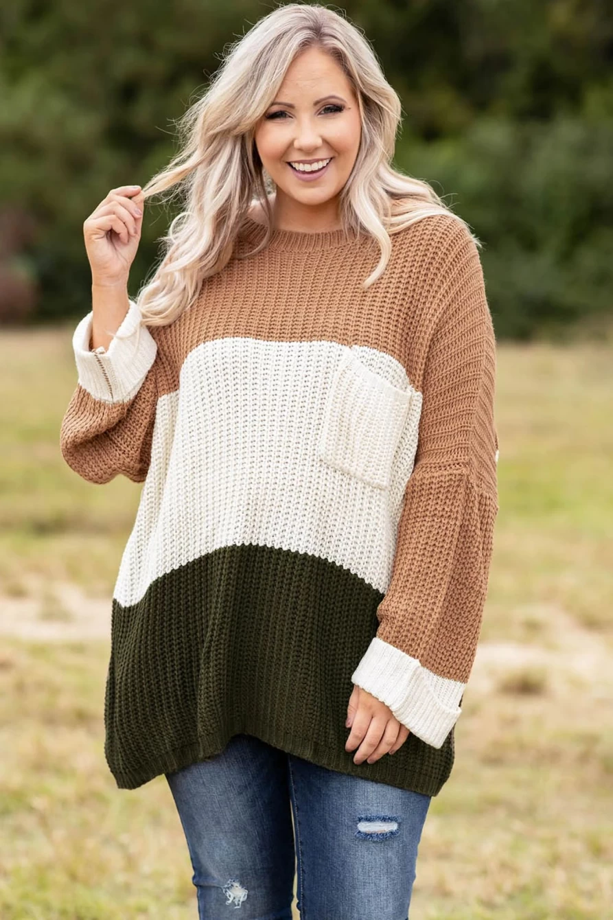 Shewin Women's Plus Size Khaki Color Block Tiered Knit Sweater