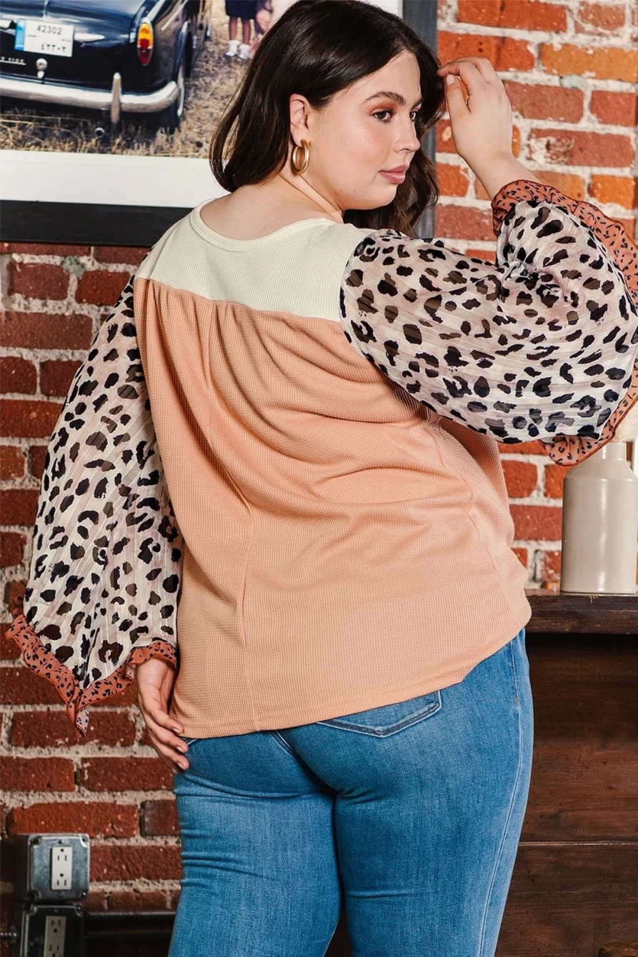 Shewin Women's Khaki Printed Leopard Sleeve Ruffle Waffle Color Block Top