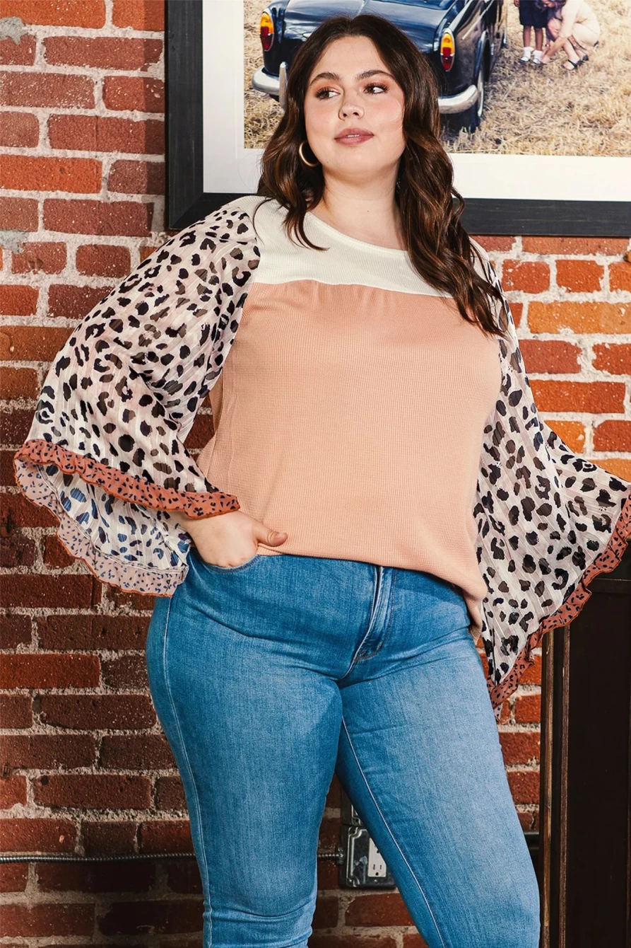 Shewin Women's Khaki Printed Leopard Sleeve Ruffle Waffle Color Block Top