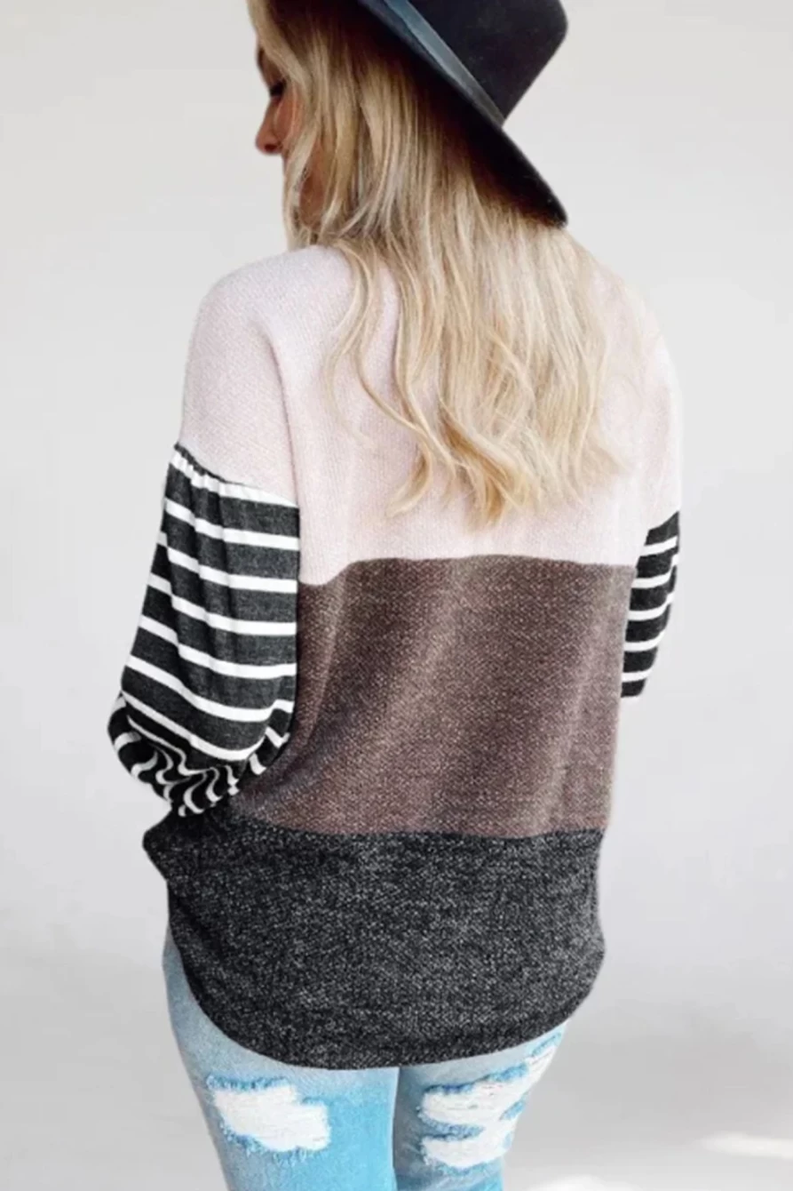 Shewin Women's Multicolor Striped Long Sleeve Pullover Top - Color Block Print Casual Wear