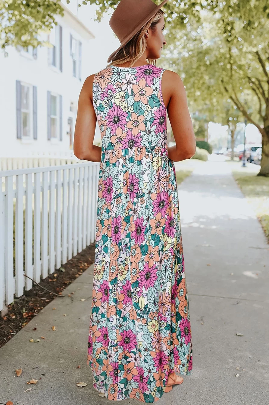 Shewin Women's Multicolor Floral Printed Round Neck Sleeveless Maxi Dress