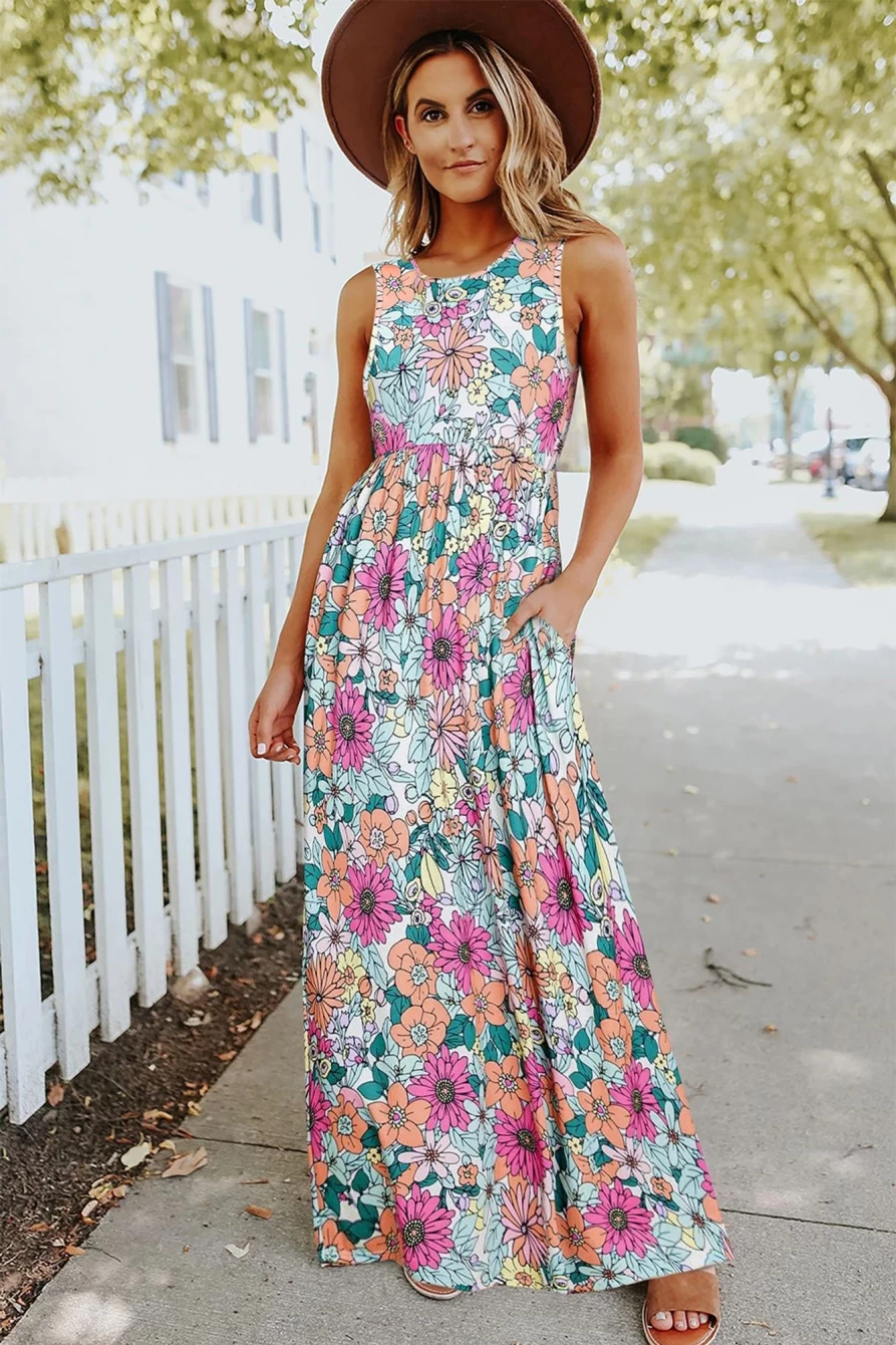 Shewin Women's Multicolor Floral Printed Round Neck Sleeveless Maxi Dress