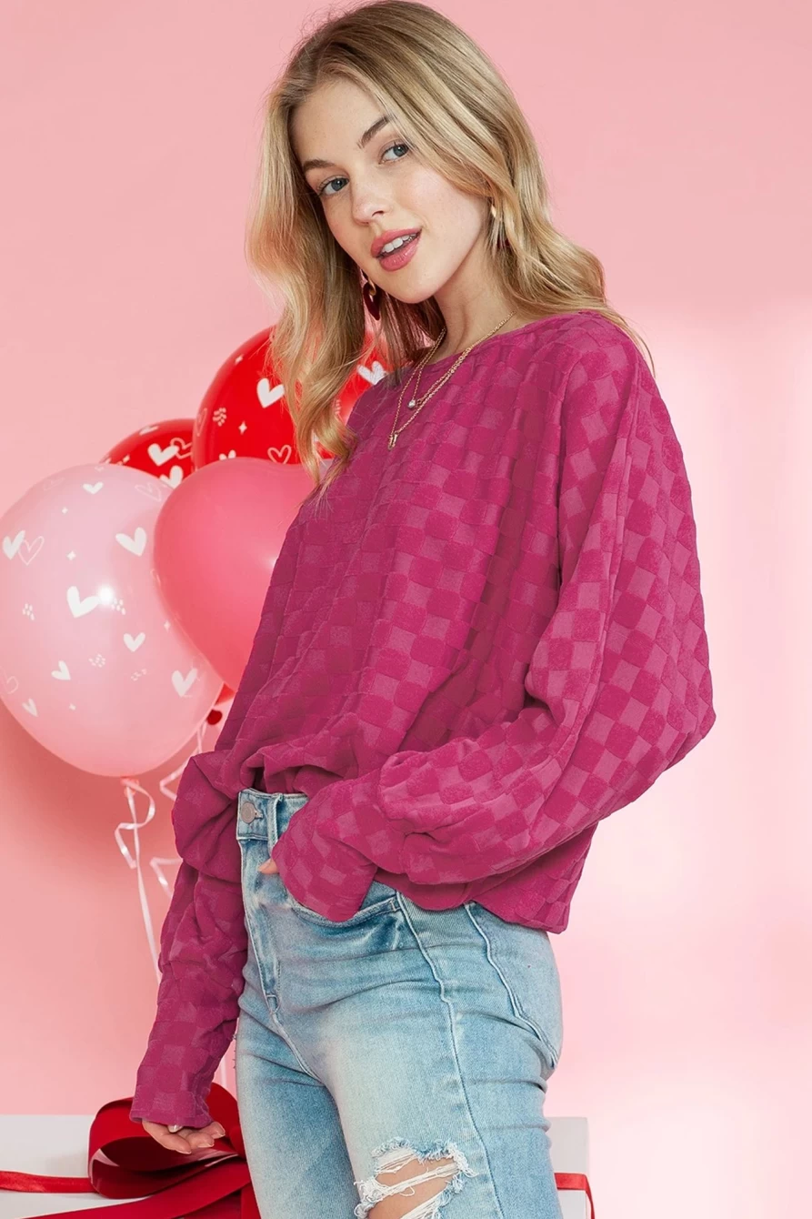 Shewin Women's Dark Pink Textured Boat Neck Batwing Sleeve Blouse