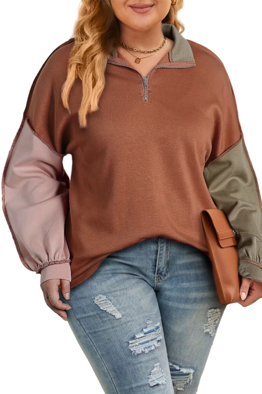 "Shewin Women's Gold Flame Plus Size Colorblock Quarter Zip Sweatshirt with Exposed Seam Detail"