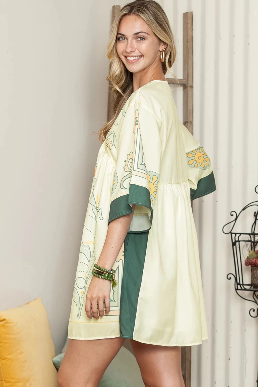 Shewin Women's Multicolour Boho Floral V-Neck Bell Sleeve Bohemian Dress