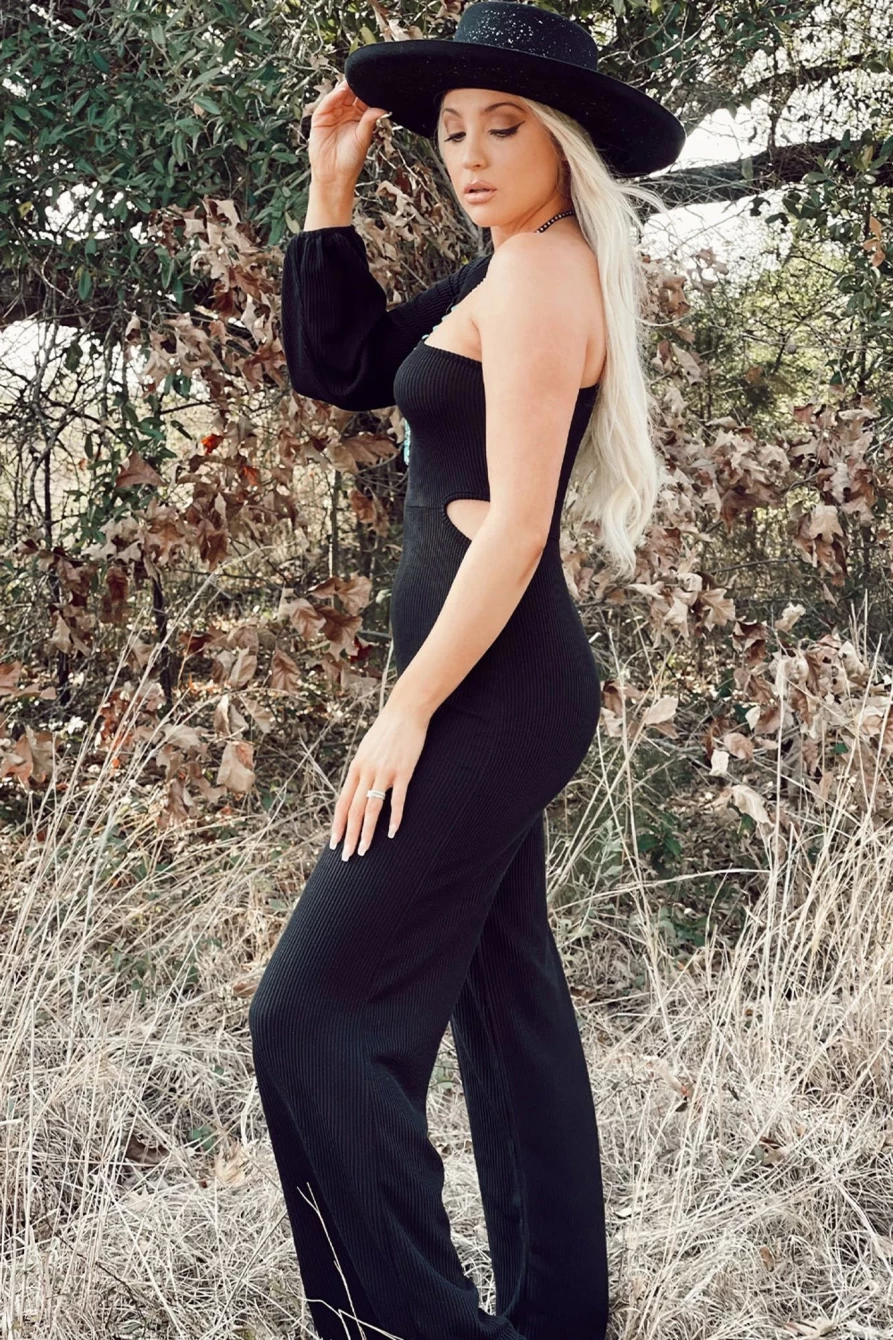 Shewin Women's Black One-Shoulder Balloon Sleeve Cutout Jumpsuit - Sexy Elegant Romper for Evening Out