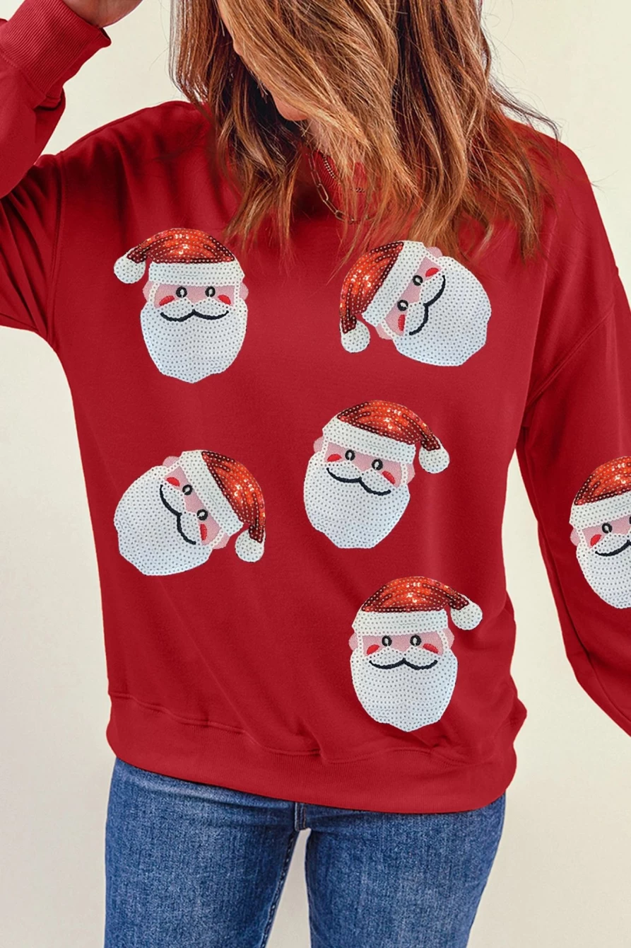 "Shewin Women's Red Sequins Santa Claus Graphic Christmas Sweatshirt - Festive Holiday Pullover"